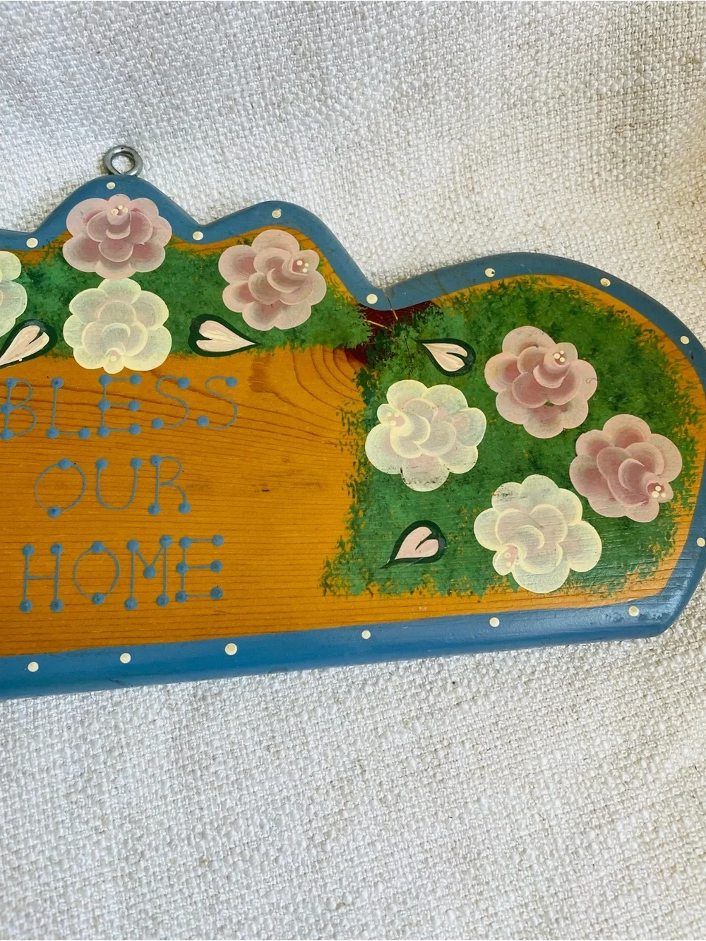 Vintage Handpainted Folk Floral 'Bless Our Home' Solid Wood Wall Plaque 16 x 8